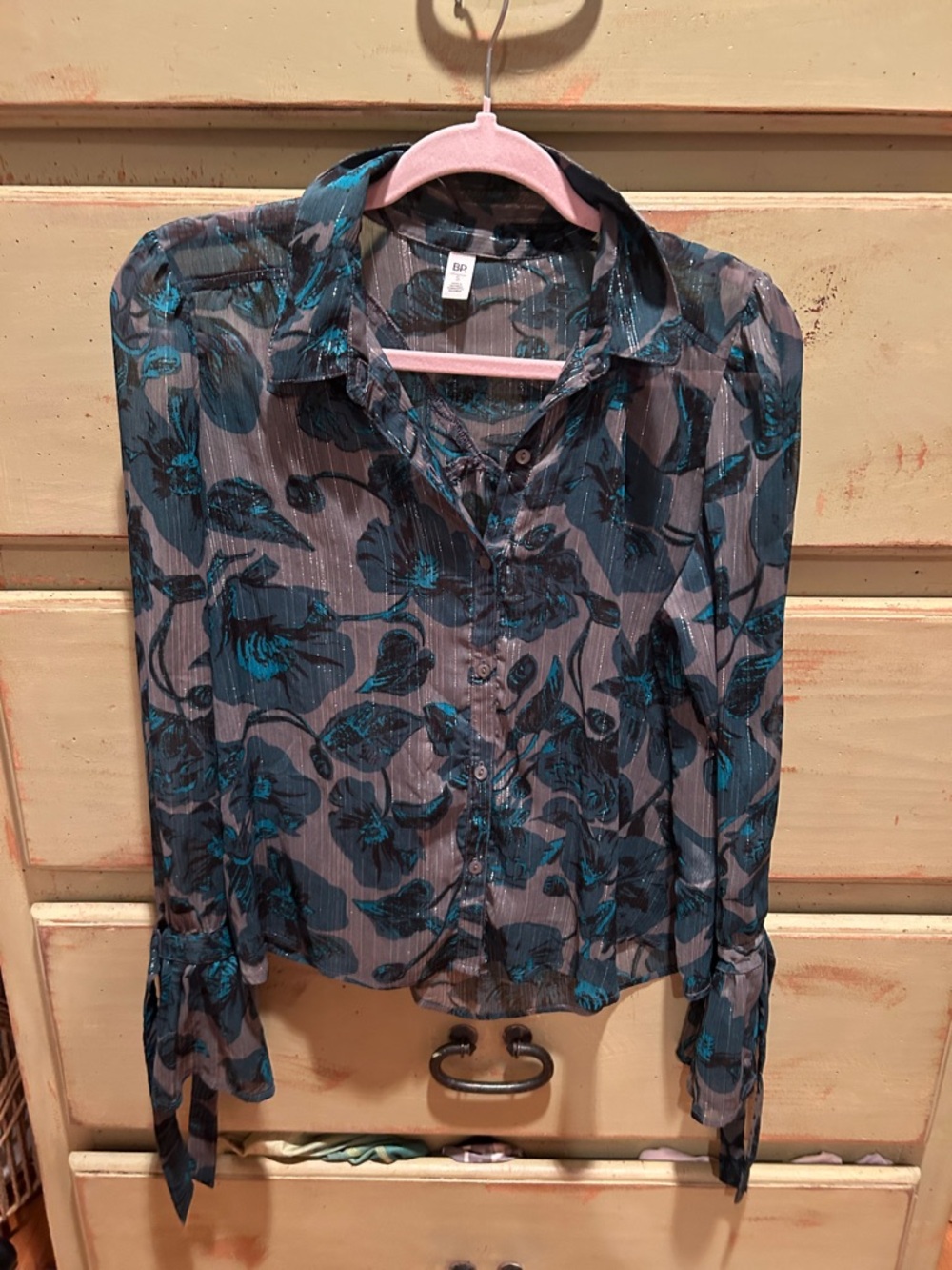 BP Teal Floral Sheer Button-Up Blouse Beautiful Size S